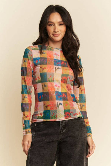 MULTI CHECKER FLORAL PRINTED LONG SLEEVE MESH TOP